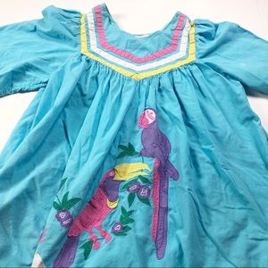 Vintage Parrot Patio Dress size Large Blue Quirky tropical